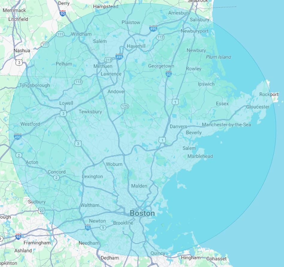 Map showing Aquino Home Solutions service area — Lowell MA and surrounding communities within ~30 miles